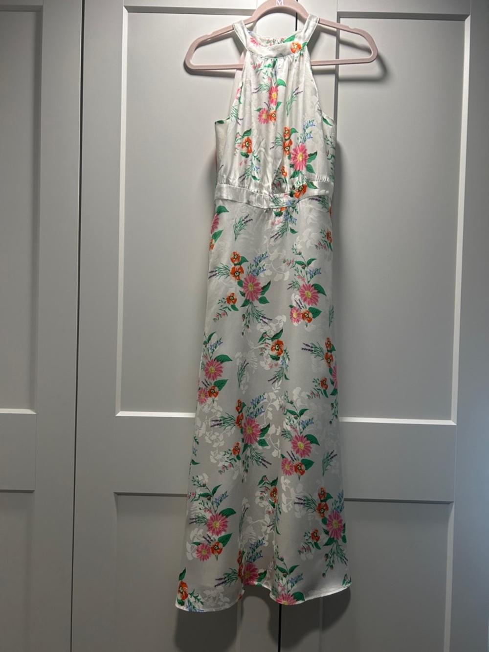 LOFT White Halter Floral Maxi Dress with Pink & Green Accents